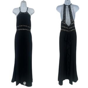 Y2K Sequin Hearts Lace Full Length Dress Sz 7 Hoco Whimsigoth Lace Ruffle Halter
